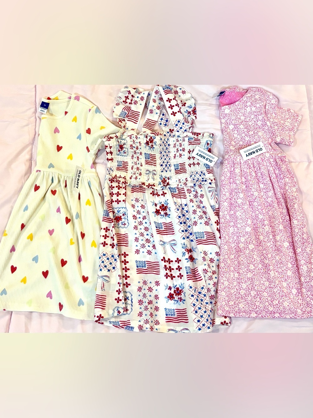 Old Navy Sundress with Red & Blue Flag,  Floral Print & Heart Dress Bundle
